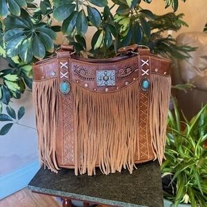 Fringe Leather Tote Bag - Tan